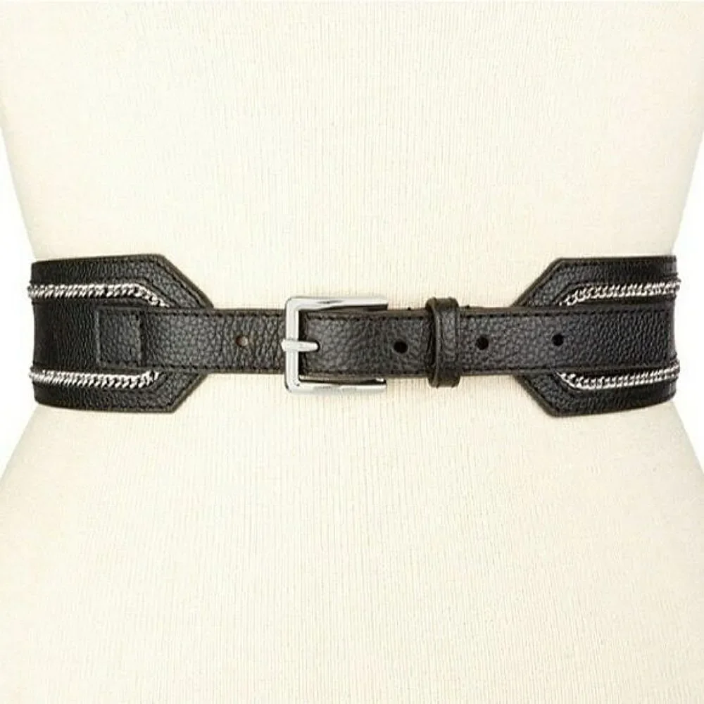 New! MICHAEL KORS Women's Pebbled Leather Black Belt With Chain Trim Size MEDIUM